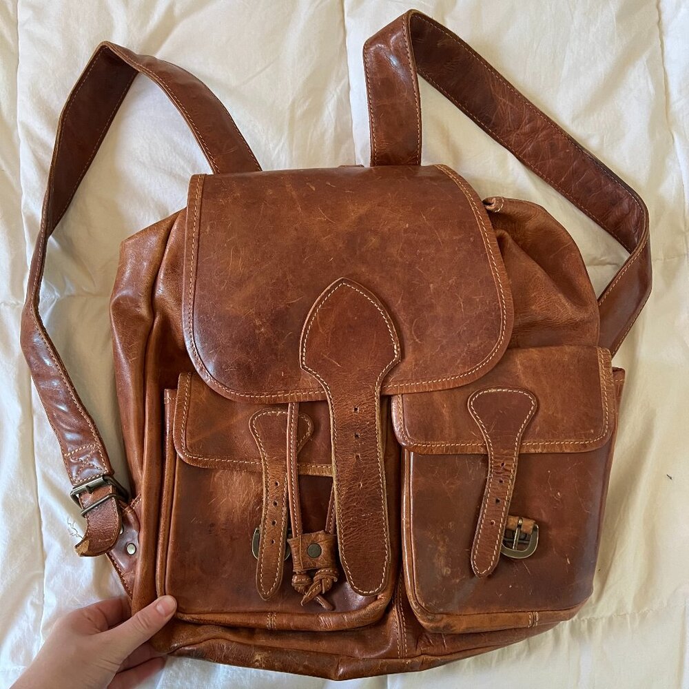 REAL BROWN LEATHER VINTAGE EXPLORER BACKPACK
